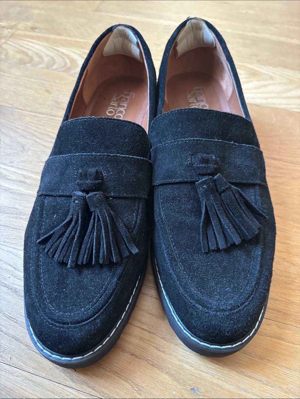 Franco Sarto Black Suede Tassel Slip-On Loafers